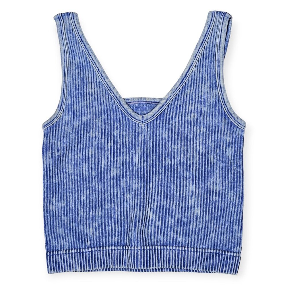 Zenana Washed Ribbed Seamless Padded V-Neck Tank Size S Bra Blue